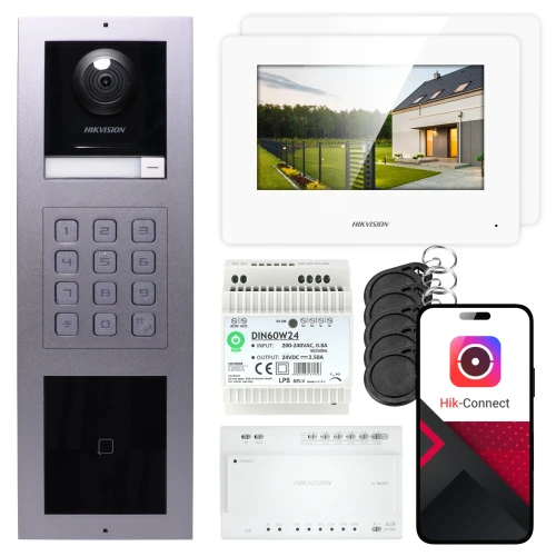 2vodičový videotelefon Hikvision 2x monitor DS-KH6320Y-WTE2 bílý, povrchový panel, klávesnice, čtečka