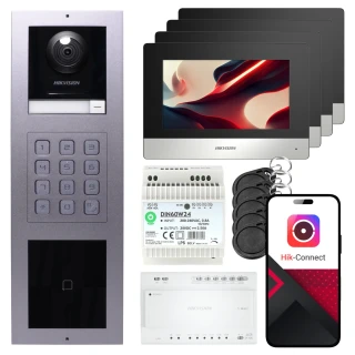 2vodičový videotelefon Hikvision 4x monitor DS-KH6320Y-WTE2 černý, podomítkový panel, klávesnice, čtečka