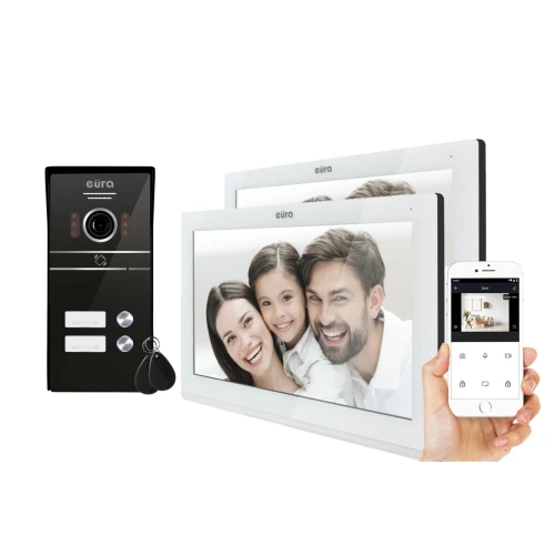 EURA VDP-82C5 video dveřní vstupní systém bílý 2x LCD 7'' FHD, podpora 2 vstupů 1080p kamera RFID čtečka povrchová montáž