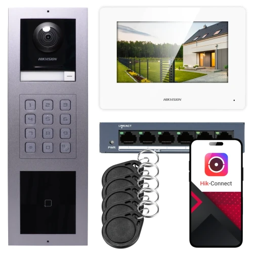 IP videotelefon Hikvision 1x monitor DS-KH6320-WTE1-W, povrchová montáž, panel, klávesnice, čtečka
