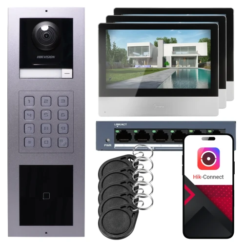 IP videotelefon Hikvision 3x monitor DS-KH8350-WTE1, podomítkový, panel, klávesnice, čtečka