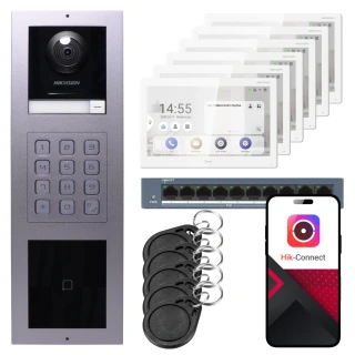 IP videotelefon Hikvision 6x monitor DS-KH9510-WTE1(B), povrchová montáž, panel, klávesnice, čtečka