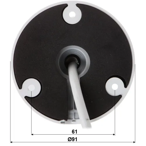 Widok od spodu okrągłej kamery z trzema otworami montażowymi i kablem wychodzącym ze środka. Średnica podstawy wynosi 91 mm, a odległość między otworami montażowymi to 61 mm.