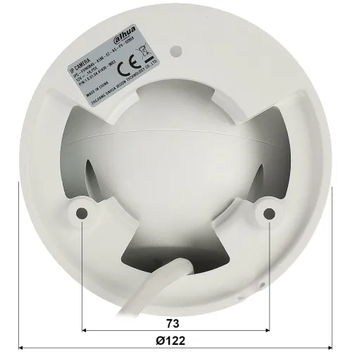 Biała kamera IP marki Dahua widziana od strony mocowania, z widocznymi otworami montażowymi i etykietą producenta. Na dole zdjęcia znajdują się wymiary: średnica 122 mm i szerokość 73 mm.