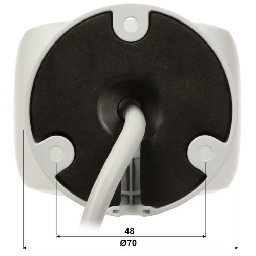 Zdjęcie przedstawia tylną część kamery monitoringu z widocznym mocowaniem i kablem wychodzącym z centralnej części. Na zdjęciu zaznaczone są wymiary podstawy: średnica 70 mm i szerokość 48 mm.