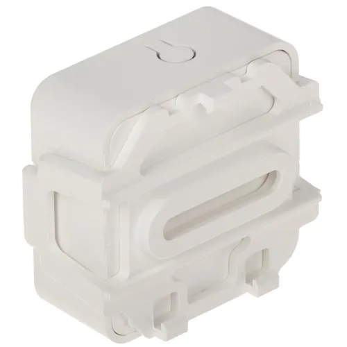 Biały, plastikowy element montażowy o prostokątnym kształcie z zaokrąglonymi krawędziami i otworami na śruby. Widoczny jest symbol włącznika na górnej powierzchni.