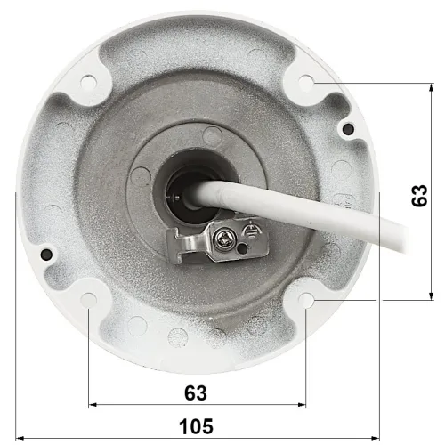 Zdjęcie przedstawia widok od spodu okrągłego uchwytu montażowego z metalowym środkiem i przymocowanym kablem. Na zdjęciu widoczne są wymiary uchwytu: 63 mm i 105 mm.