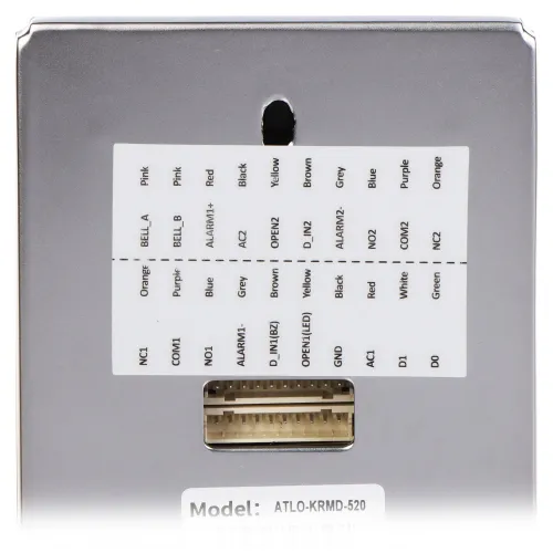 Zdjęcie przedstawia zbliżenie na tylną część urządzenia elektronicznego z widocznym złączem i tabelą opisującą kolory przewodów oraz ich funkcje. Na dole znajduje się oznaczenie modelu: ATLO-KRMD-520.