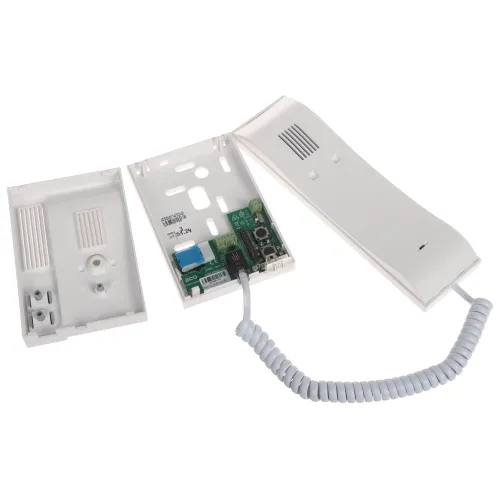 Zdjęcie przedstawia rozłożony domofon z widocznymi elementami elektronicznymi wewnątrz obudowy. Obok znajduje się słuchawka z podłączonym spiralnym kablem.