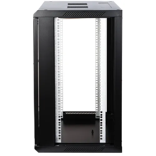 Czarna, metalowa szafa serwerowa widziana z przodu, bez zamontowanych bocznych ścian i tylnej pokrywy. Wnętrze szafy jest puste, z widocznymi pionowymi szynami montażowymi.
