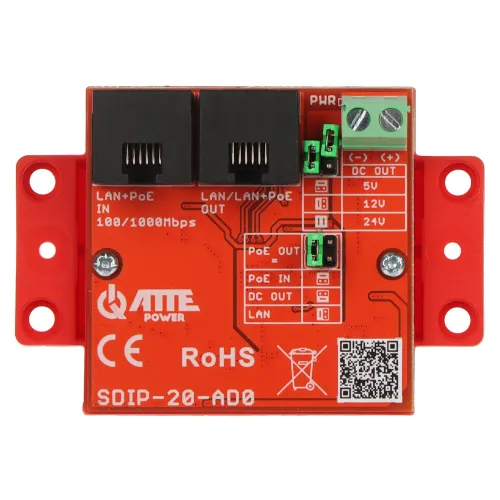 Na zdjęciu znajduje się czerwony moduł elektroniczny z dwoma portami LAN/PoE oraz kilkoma złączami śrubowymi, oznaczony jako SDIP-20-AD0. Widoczne są również oznaczenia CE, RoHS oraz logo producenta QATE Power.