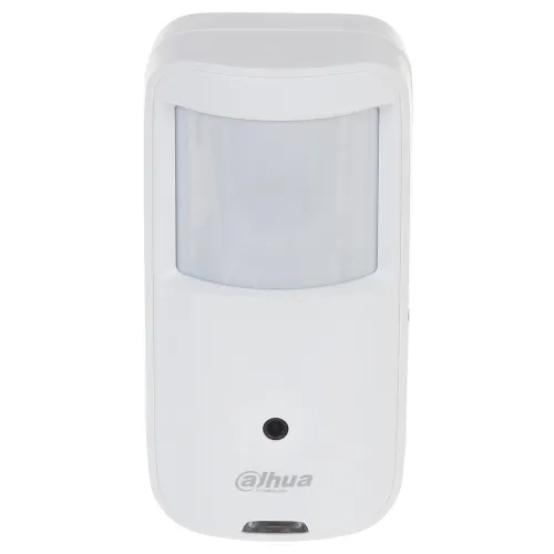 Biały czujnik ruchu marki Dahua z widocznym logo na dole urządzenia. Czujnik ma prostokątny kształt z zaokrąglonymi krawędziami i dużym, półprzezroczystym panelem na górze.