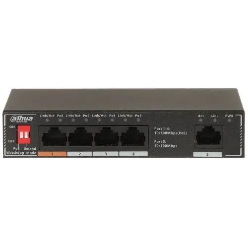 Na zdjęciu znajduje się czarny switch sieciowy Dahua z pięcioma portami Ethernet, z oznaczeniami LED dla każdego portu oraz przełącznikiem zasilania po lewej stronie. Urządzenie ma kompaktowy design z wyraźnie oznaczonymi funkcjami PoE i prędkościami portów.