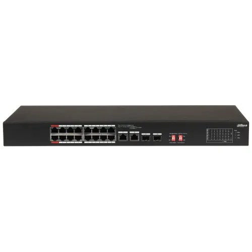 Na zdjęciu znajduje się czarny przełącznik sieciowy Dahua z kilkunastoma portami Ethernet oraz dwoma portami SFP na przednim panelu. Po prawej stronie widoczne są diody LED sygnalizujące status urządzenia.