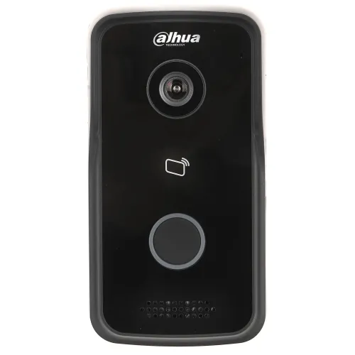 Na zdjęciu znajduje się czarny wideodomofon marki Dahua z okrągłym obiektywem kamery u góry i przyciskiem dzwonka poniżej. Urządzenie ma prostokątny kształt z zaokrąglonymi rogami i logo producenta na górze.
