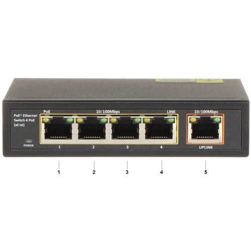 Na zdjęciu znajduje się czarny przełącznik sieciowy z pięcioma portami Ethernet, z czego cztery porty obsługują PoE (Power over Ethernet). Urządzenie posiada oznaczenia prędkości 10/100 Mbps oraz wskaźniki LED dla każdego portu.