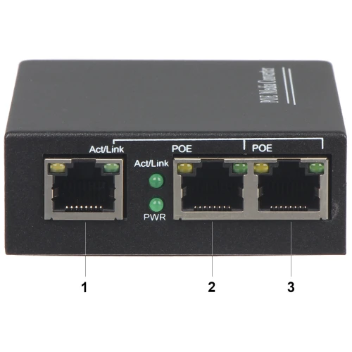 Na zdjęciu znajduje się czarny adapter PoE z trzema portami Ethernet oznaczonymi jako Act/Link i POE. Urządzenie posiada również trzy diody sygnalizacyjne: Act/Link, Act/Link i PWR.