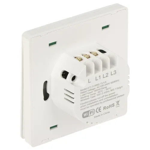 Zdjęcie przedstawia tylną część inteligentnego przełącznika ściennego z widocznymi oznaczeniami technicznymi i złączami. Na urządzeniu znajdują się informacje o modelu, napięciu oraz certyfikatach zgodności.