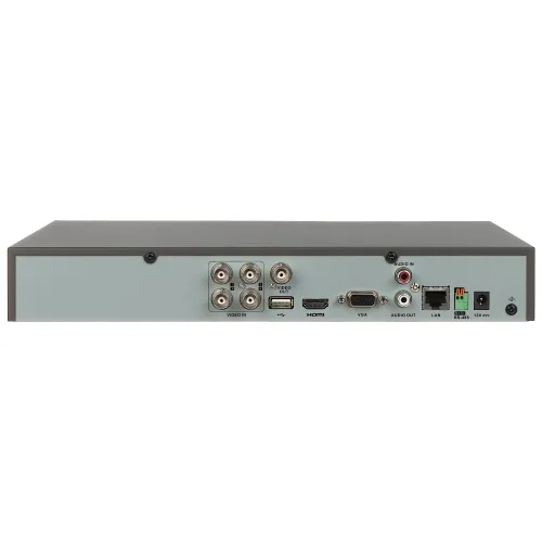 Widok z tyłu urządzenia elektronicznego z różnymi portami, w tym BNC, HDMI, VGA, audio, LAN i RS-485. Obudowa jest w kolorze szarym z czarnymi elementami.