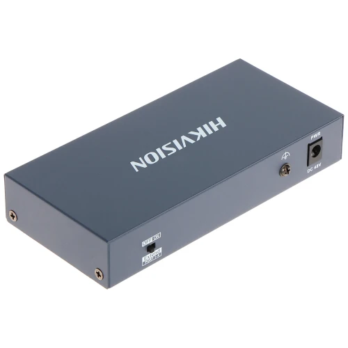 Prostokątne urządzenie elektroniczne w kolorze ciemnoszarym z logo "Hikvision" na górze. Posiada port zasilania DC 48V oraz przełącznik z tyłu.