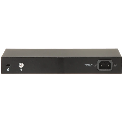 Na zdjęciu znajduje się tylny panel czarnego urządzenia elektronicznego z gniazdem zasilania AC 100-240V oraz kilkoma złączami. Obudowa jest prosta i minimalistyczna, z oznaczeniami technicznymi po prawej stronie.