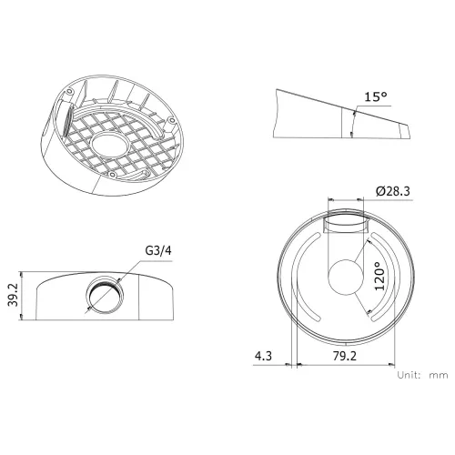 Rysunek techniczny przedstawia wymiary okrągłej podstawy z otworami montażowymi, oznaczone w milimetrach. Widoczne są różne widoki: z góry, z boku oraz przekrój, z zaznaczonymi kątami i średnicami.