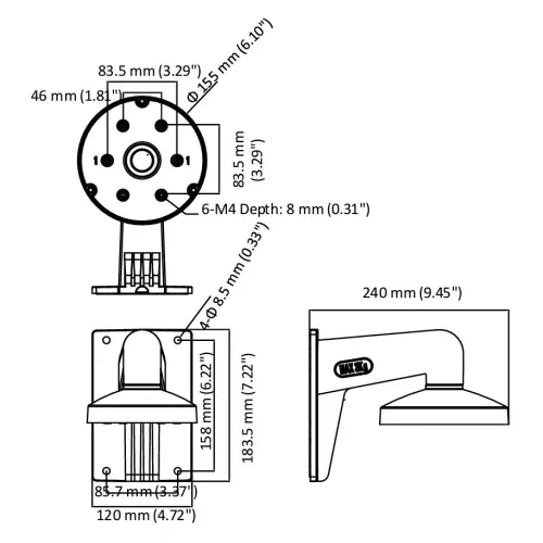 Schemat przedstawia wymiary kamery montowanej na ścianie, z widokiem z przodu, z boku i z góry. Wymiary podane są w milimetrach i calach, a rysunek zawiera szczegóły dotyczące otworów montażowych i głębokości.