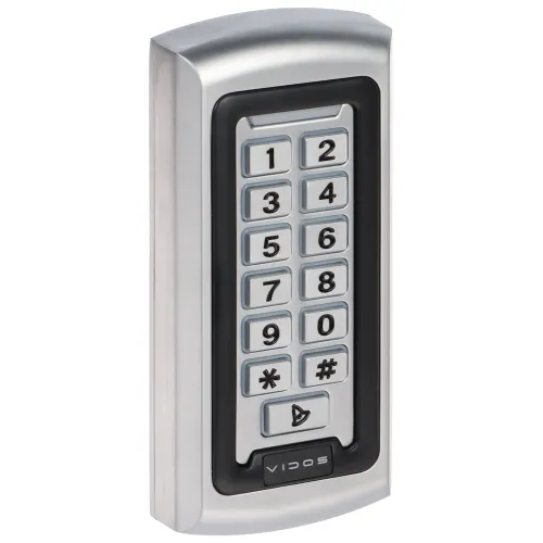 Zamek szyfrowy Vidos ZS42-X w kolorze srebrnym z czarnymi elementami, wyposażony w klawiaturę numeryczną. Urządzenie ma prostokątny kształt z zaokrąglonymi krawędziami.