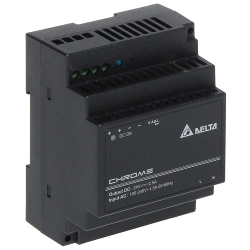 Zasilacz impulsowy Delta Electronics z serii Chrome o mocy 60W, przeznaczony do montażu na szynie DIN. Urządzenie oferuje wyjście 24V DC przy prądzie 2,5A i obsługuje napięcie wejściowe 100-240V AC.