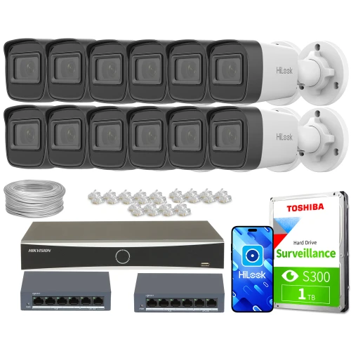 Zestaw do monitoringu składający się z dwunastu kamer HiLook, dysku twardego Toshiba, dwóch switchów, rejestratora oraz akcesoriów montażowych. Na zdjęciu widoczne są również przewody i złącza sieciowe.