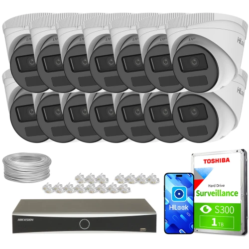 Na zdjęciu znajduje się zestaw do monitoringu składający się z czternastu kamer, rejestratora, dysku twardego oraz akcesoriów montażowych. Kamery są ułożone w dwóch rzędach, a obok nich znajdują się kable, złącza oraz opakowanie dysku twardego.