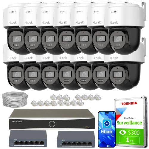 Zestaw do monitoringu składający się z czternastu kamer HiLook, dwóch switchów, rejestratora Hikvision, dysku twardego Toshiba 1TB oraz akcesoriów montażowych. Kamery są ułożone w dwóch rzędach, a pozostałe elementy zestawu rozmieszczone są poniżej.
