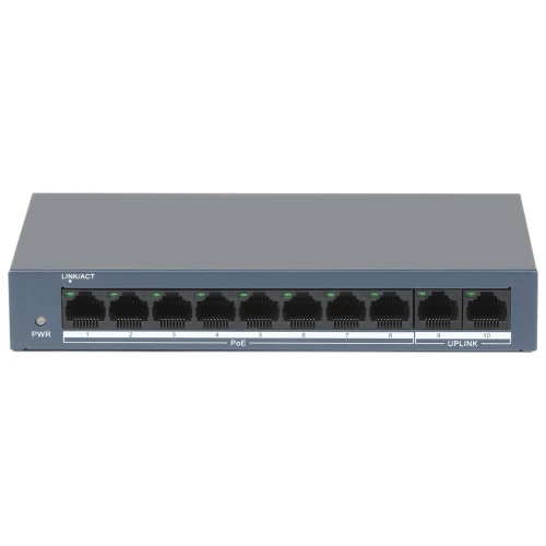 Na zdjęciu znajduje się szary switch sieciowy z dziesięcioma portami Ethernet, z których osiem oznaczonych jest jako PoE. Na przednim panelu widoczne są diody LED sygnalizujące aktywność i zasilanie.