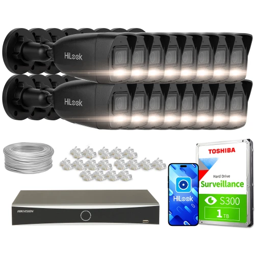 Zestaw do monitoringu składający się z szesnastu kamer HiLook, rejestratora Hikvision, dysku twardego Toshiba 1TB, kabla oraz złączek. Kamery są czarne i mają kompaktowy design, a cały zestaw jest przeznaczony do kompleksowego monitoringu.