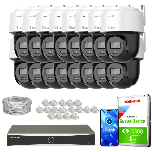 Zestaw do monitoringu składający się z szesnastu kamer HiLook, rejestratora, dysku twardego Toshiba o pojemności 1 TB, kabla oraz złączek. Kamery są białe z czarnymi elementami, a rejestrator ma prosty, czarny design.