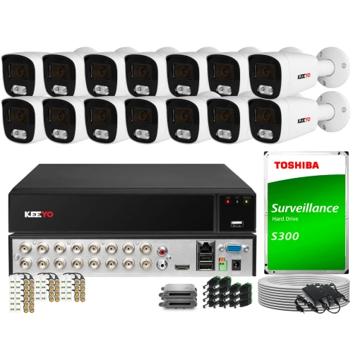 Zestaw do monitoringu składający się z dwunastu kamer, rejestratora oraz dysku twardego Toshiba S300. W komplecie znajdują się również kable, złącza i akcesoria montażowe.
