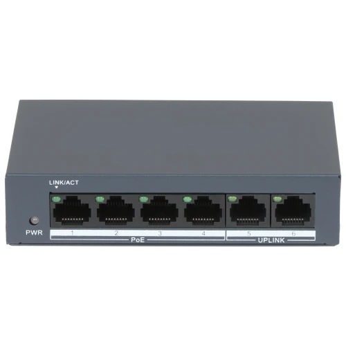 Małe, czarne urządzenie sieciowe z sześcioma portami Ethernet na przednim panelu, oznaczonymi jako PoE i UPLINK. Na lewym dolnym rogu znajduje się dioda z napisem PWR.