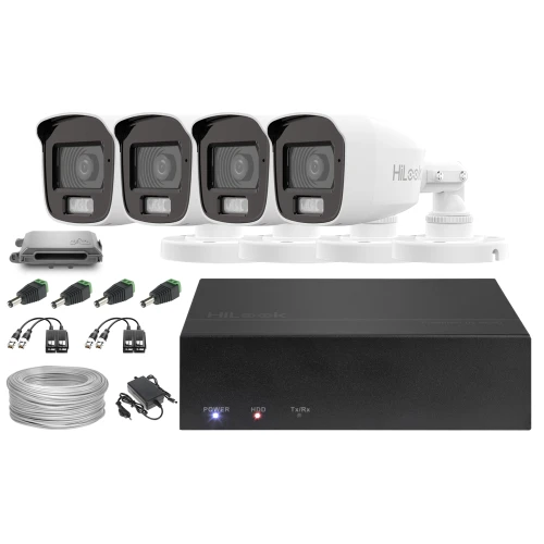 Zestaw do monitoringu składający się z czterech kamer HiLook, rejestratora, zasilacza, kabli oraz akcesoriów montażowych. Kamery mają biało-czarną obudowę, a rejestrator jest czarny z oznaczeniami LED.