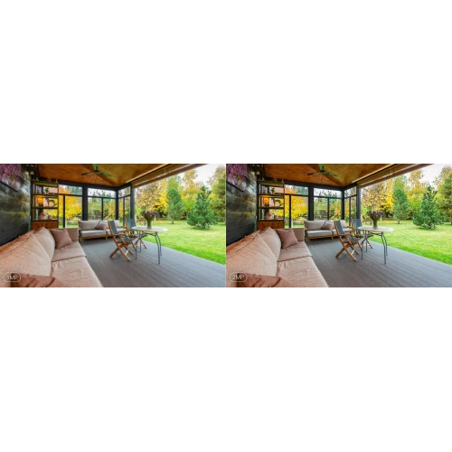 Na zdjęciu znajduje się przytulny taras z drewnianym zadaszeniem, wyposażony w wygodne meble ogrodowe, takie jak sofa i stolik. W tle widać zielony ogród z drzewami w jesiennych kolorach.