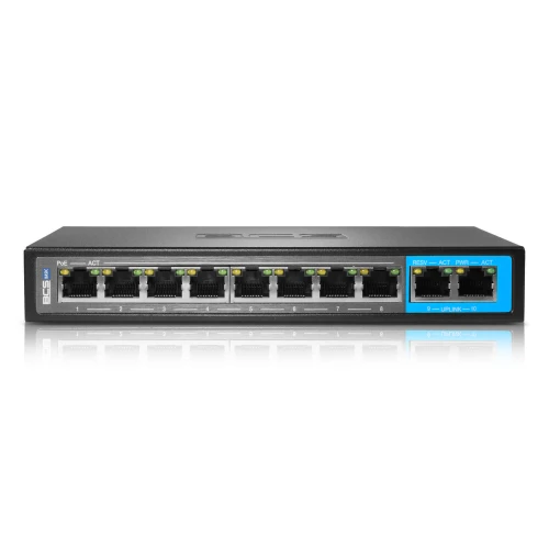 Na zdjęciu znajduje się czarny switch sieciowy BCS z ośmioma portami Ethernet, z czego dwa są wyróżnione niebieską ramką. Na górze urządzenia widoczne jest logo BCS, a nad portami znajdują się diody sygnalizacyjne.