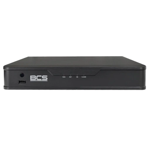 Czarny rejestrator BCS z portem USB i diodami sygnalizacyjnymi na przednim panelu. Urządzenie ma prostokątny kształt i minimalistyczny design.