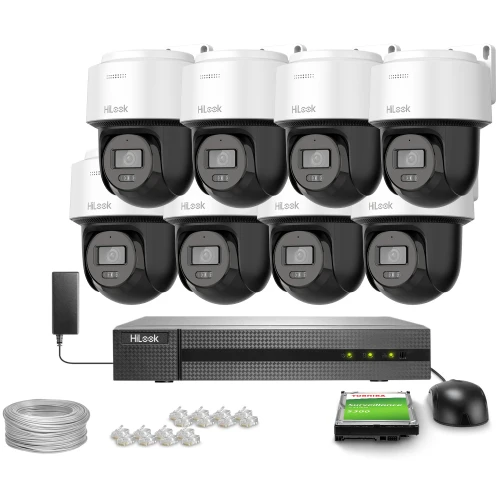 Na zdjęciu znajduje się zestaw do monitoringu składający się z ośmiu kamer PTZ, rejestratora, kabla oraz akcesoriów montażowych. Kamery są ułożone w dwóch rzędach, a poniżej znajduje się rejestrator z widocznymi diodami LED.