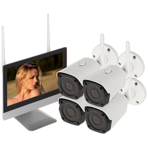 Zestaw do monitoringu APTI-KIT-WIFI-M50C2 składa się z czterech białych kamer oraz monitora z wyświetlaczem, na którym widoczna jest kobieta. Kamery mają cylindryczny kształt i są wyposażone w anteny do łączności Wi-Fi.