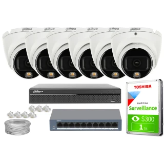 Zestaw do monitoringu składający się z pięciu białych kamer Dahua, rejestratora, dysku twardego Toshiba oraz przełącznika sieciowego. W zestawie znajdują się również złącza i przewód do instalacji.