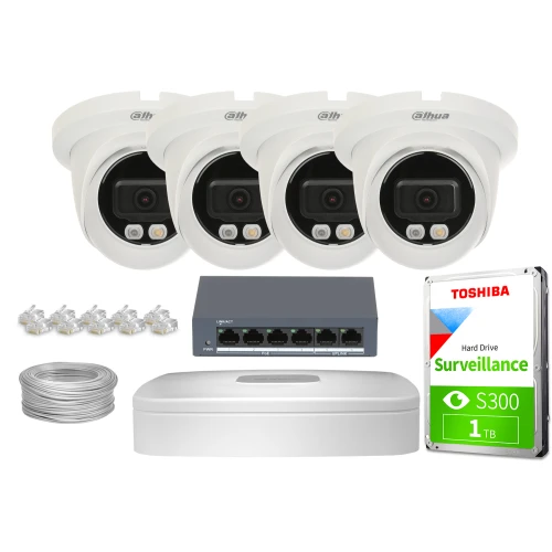 Na zdjęciu znajduje się zestaw do monitoringu, który obejmuje cztery kamery, dysk twardy Toshiba o pojemności 1 TB, przełącznik sieciowy oraz przewody i złącza. Wszystkie elementy są ułożone na białym tle, co podkreśla ich profesjonalny wygląd.