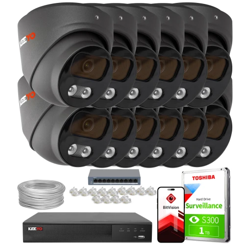 Zestaw do monitoringu IP składający się z ośmiu kamer, rejestratora, dysku twardego Toshiba 1 TB, kabla sieciowego oraz akcesoriów montażowych. Na zdjęciu widoczne są również aplikacja BitVision i przełącznik sieciowy.