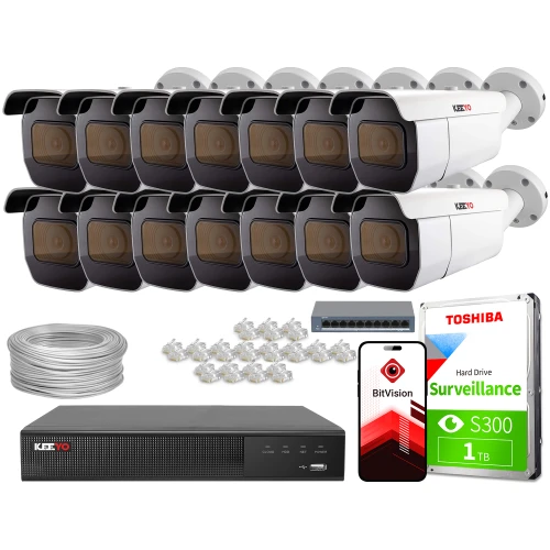 Na zdjęciu znajduje się zestaw do monitoringu, który obejmuje dwanaście kamer, dysk twardy Toshiba, rejestrator, kabel oraz złącza sieciowe. Obok sprzętu widoczna jest grafika przedstawiająca aplikację BitVision na smartfonie.