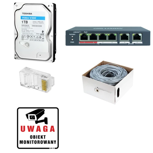 Zestaw do monitoringu IP składa się z dysku twardego Toshiba Video V300 o pojemności 1TB, przełącznika sieciowego, złącza RJ45 oraz kabla sieciowego w pudełku. Na zdjęciu znajduje się również naklejka z napisem "Uwaga obiekt monitorowany".