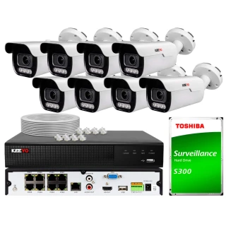 Zestaw do monitoringu składający się z sześciu kamer, rejestratora oraz dysku twardego Toshiba S300. W zestawie znajdują się również kable i złącza niezbędne do instalacji.