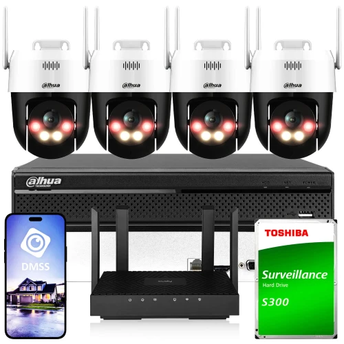 Na zdjęciu znajduje się zestaw do monitoringu, który obejmuje cztery kamery, rejestrator, router oraz dysk twardy. Kamery są białe z czarnymi elementami, a obok nich widoczny jest telefon z aplikacją do monitoringu.